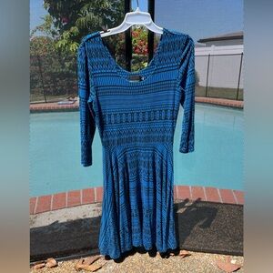 Cynthia Rowley Blue Black Geometric Print Fit & Flare Dress 3/4 Sleeve Knit M